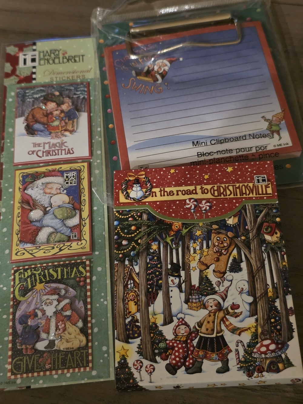 3 Piece Lot Mary Engelbreit Christmas Notepad & Sticker Set &  Mini Clip Board